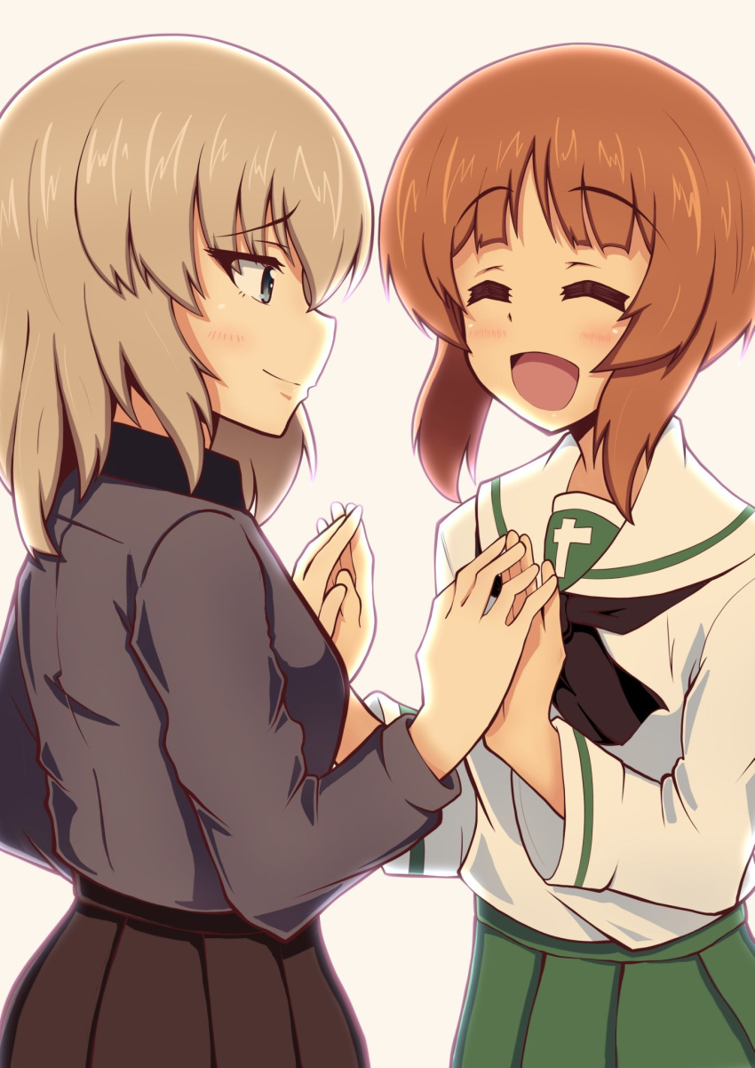 2girls :d backlighting bangs black_neckwear black_skirt blouse blue_eyes brown_eyes brown_hair closed_eyes closed_mouth commentary dress_shirt facing_another girls_und_panzer green_skirt grey_shirt heiden highres holding_hands itsumi_erika kuromorimine_school_uniform long_sleeves looking_at_another medium_hair multiple_girls neckerchief nishizumi_miho ooarai_school_uniform open_mouth pleated_skirt school_uniform serafuku shirt short_hair silver_hair skirt smile white_background white_blouse yuri