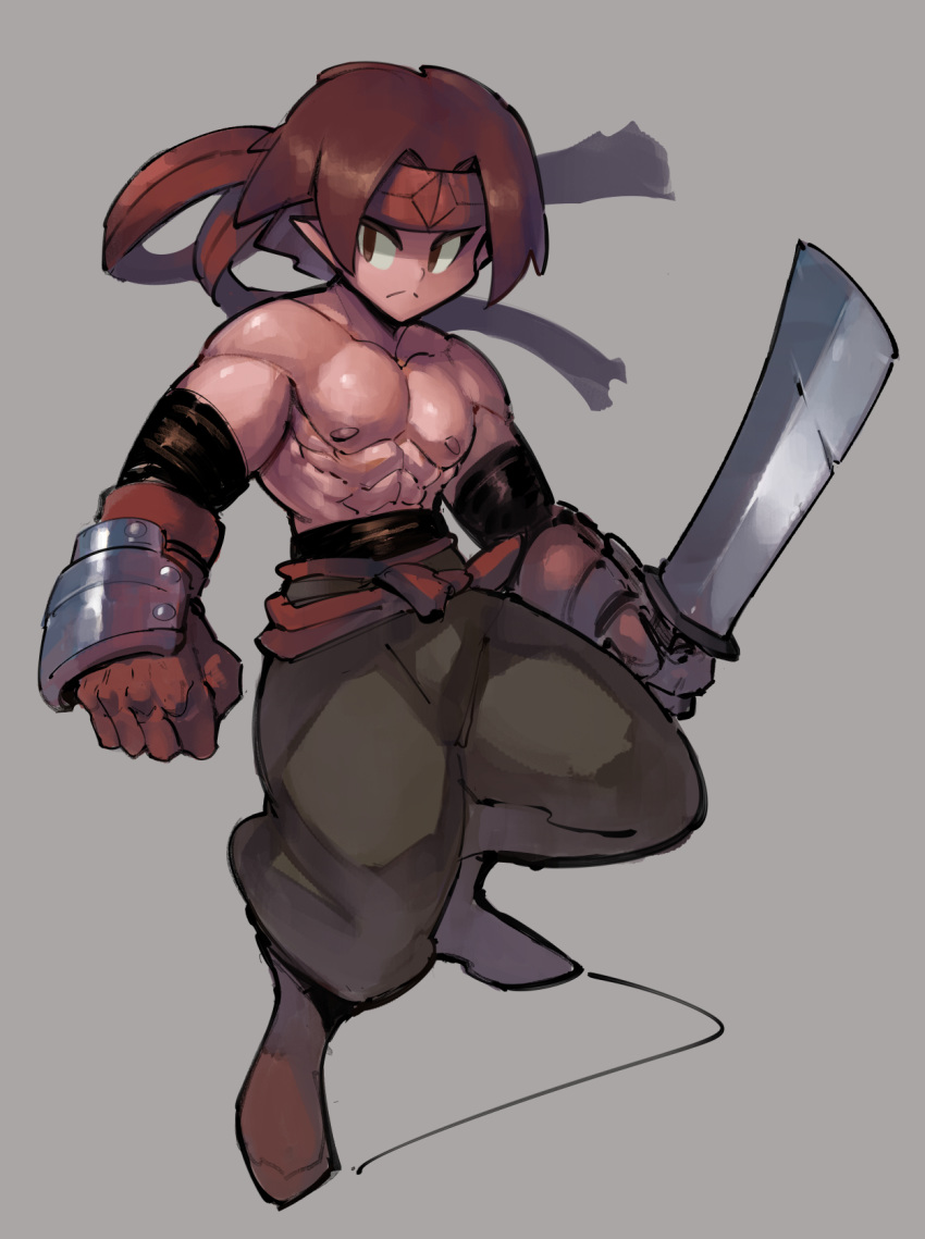 1boy abs baggy_pants black_sleeves brown_gloves brown_hair clenched_hand detached_sleeves disgaea frown full_body gloves grey_background headband highres holding holding_sword holding_weapon male_focus male_warrior_(disgaea) muscle pants red_headband shirtless solo sword tan weapon zako_(arvinry)