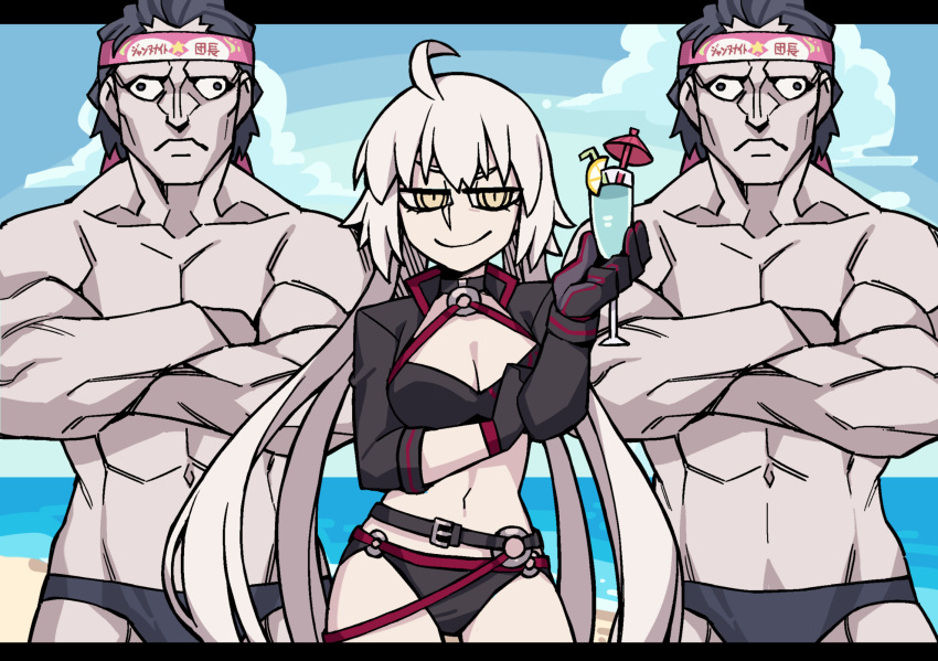 1girl 2boys abs ahoge alternate_costume bangs beach bikini black_bikini black_gloves black_hair breasts collarbone commentary_request fate/grand_order fate_(series) gloves helltaker highres holding jeanne_d'arc_(alter)_(fate) jeanne_d'arc_(fate)_(all) jp06 large_breasts long_sleeves looking_at_viewer multiple_boys multiple_views muscle navel outdoors short_hair silver_hair swimsuit yellow_eyes