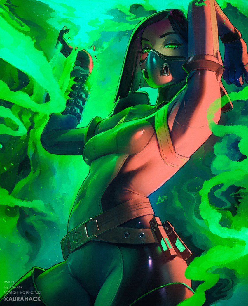 1girl arm_up aurahack belt black_hair bob_cut bodysuit boots breasts covered_mouth covered_navel green_eyes green_smoke highres loose_belt mask short_hair skin_tight small_breasts smoke solo straight_hair thigh-highs thigh_boots valorant viper_(valorant)