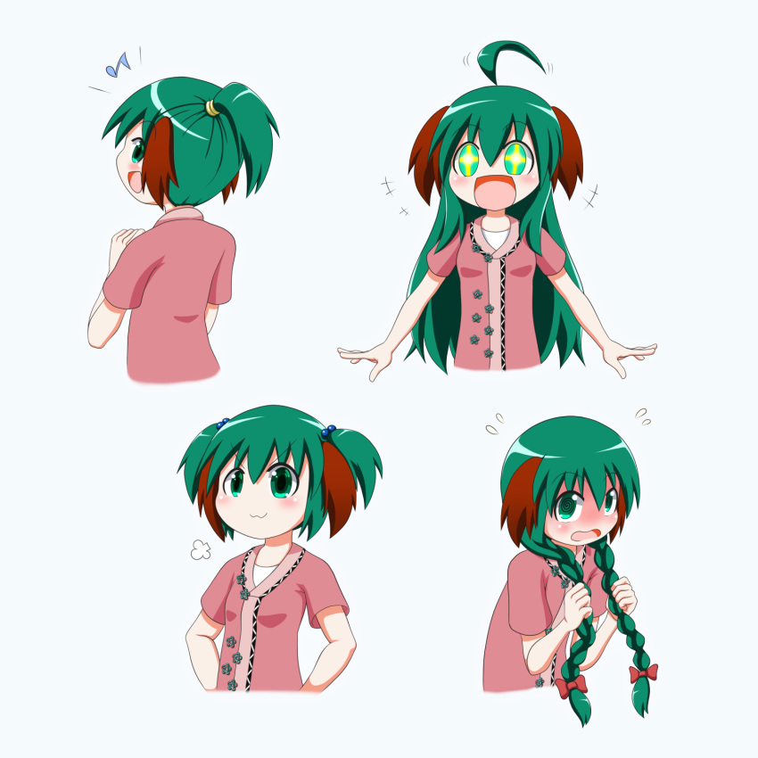 +++ +_+ 1girl :3 :d =3 ahoge alternate_hair_length alternate_hairstyle animal_ears arms_up blue_background blush blush_stickers braid commentary_request eighth_note embarrassed eyebrows_visible_through_hair floral_print flying_sweatdrops from_behind full-face_blush furrowed_eyebrows green_hair hair_between_eyes hair_bobbles hair_ornament hands_on_hips highres holding holding_hair kasodani_kyouko long_braid long_hair looking_back multiple_views musical_note open_mouth pink_shirt rakugaki-biyori shirt short_hair short_ponytail short_sleeves simple_background smile standing touhou twin_braids twintails upper_body very_long_hair wavy_mouth
