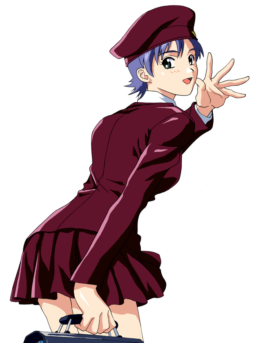 1990s_(style) 1girl beret blue_hair briefcase grey_eyes hat highres looking_at_viewer looking_back nishino_risa school_uniform waving_arm yamada_masaki zenkoku_seifuku_bishoujo_grand_prix