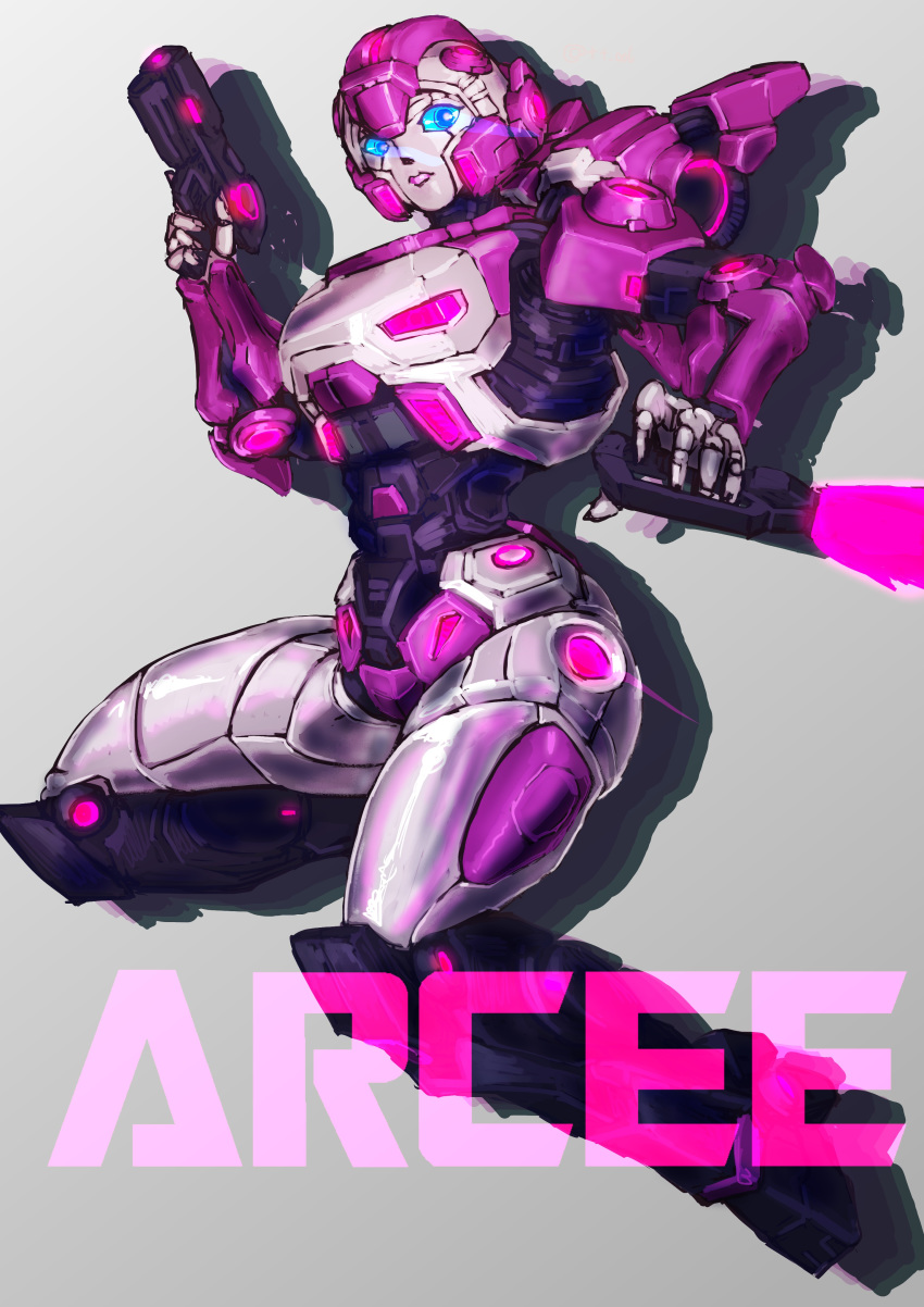 absurdres arcee autobot blue_eyes character_name commentary glowing glowing_eyes grey_background gun highres holding holding_gun holding_weapon jumping looking_down mecha no_humans oberon826 solo transformers transformers:_fall_of_cybertron weapon