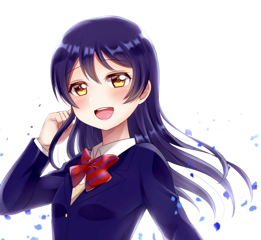 1girl bangs blue_hair blush bow bowtie eyebrows_visible_through_hair hair_between_eyes hand_in_hair highres kino_xx62 long_hair long_sleeves looking_at_viewer love_live! love_live!_school_idol_project open_mouth otonokizaka_school_uniform red_neckwear school_uniform simple_background smile solo sonoda_umi striped striped_neckwear white_background yellow_eyes