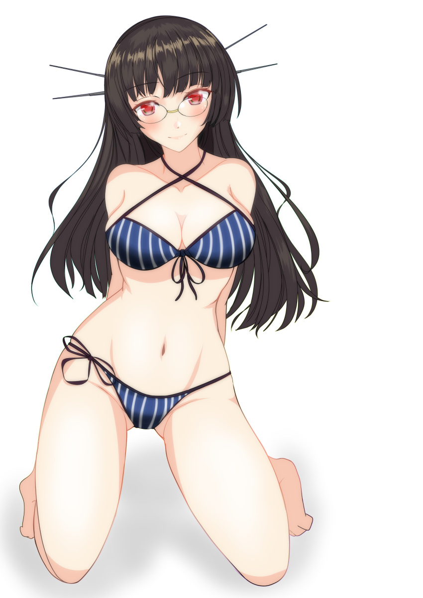1girl absurdres barefoot bikini black_hair blue_bikini breasts choukai_(kantai_collection) commentary_request front-tie_top full_body glasses groin headgear highres kantai_collection kneeling large_breasts long_hair looking_at_viewer nitamago_(sakamalh) red_eyes rimless_eyewear side-tie_bikini simple_background solo striped striped_bikini swimsuit white_background