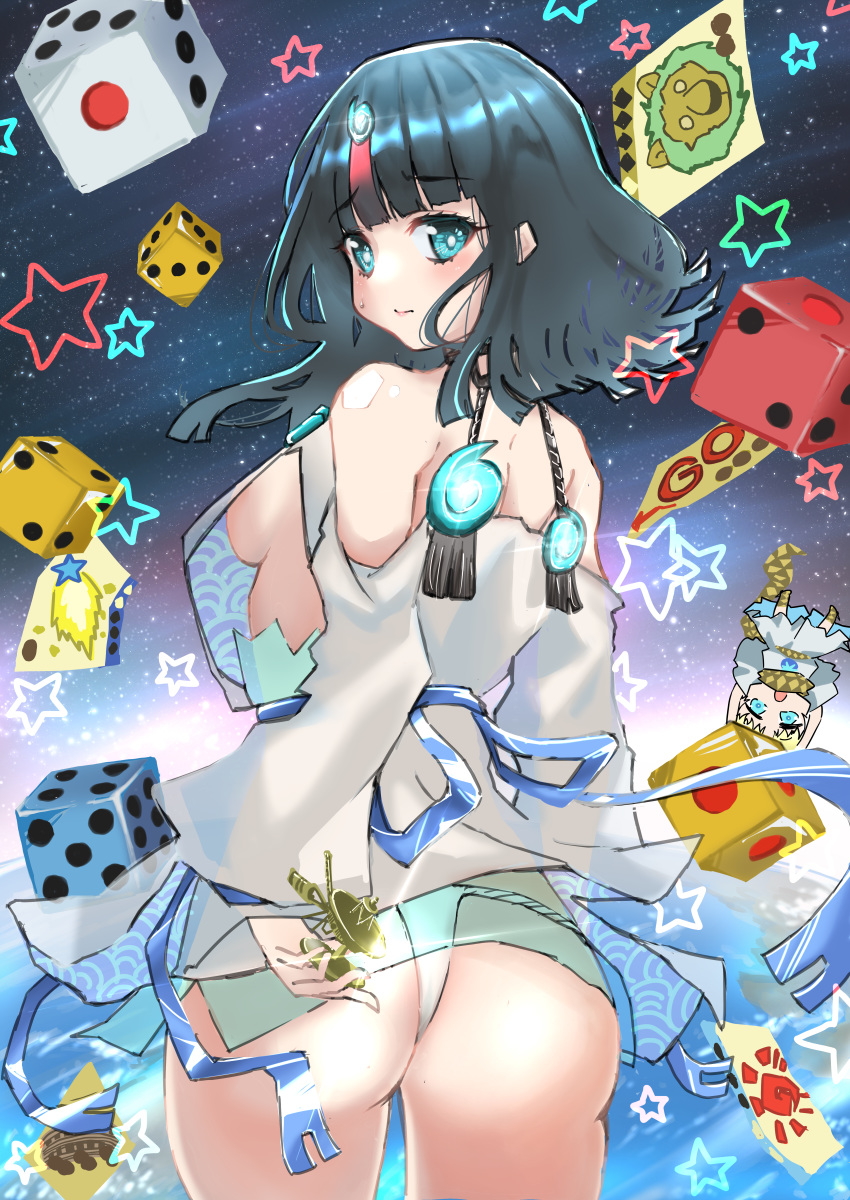 1girl absurdres artist_request ass back bangs bare_shoulders black_hair blue_eyes blue_ribbon blush breasts closed_mouth dice dress fate/grand_order fate/requiem fate_(series) fundoshi highres huge_filesize japanese_clothes jewelry long_sleeves looking_at_viewer looking_back magatama magatama_hair_ornament medium_breasts medium_hair multicolored_hair necklace pelvic_curtain pink_hair puffy_long_sleeves puffy_sleeves ribbon short_dress sideboob sideless_outfit sky star_(sky) star_(symbol) starry_sky streaked_hair thighs utsumi_erise white_dress