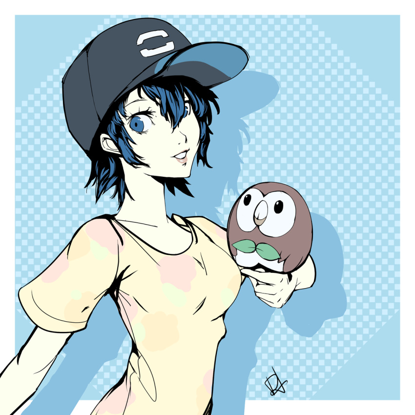 1girl alternate_costume bangs baseball_cap blue_eyes blue_hair breasts commentary_request crossover dh_(brink_of_memories) gen_7_pokemon hat highres holding looking_at_viewer persona persona_4 pokemon pokemon_(creature) pokemon_(game) pokemon_sm rowlet shadow shirogane_naoto shirt short_hair short_sleeves signature smile solo t-shirt yellow_shirt