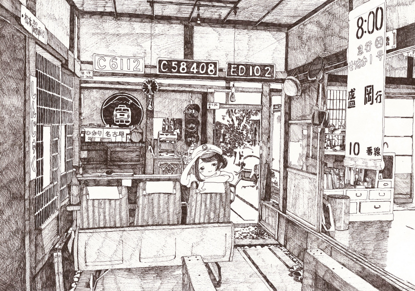 1girl absurdres bangs black_eyes black_hair building chair densya_t drawer greyscale hand_up hat highres indoors looking_at_viewer monochrome no_nose original solo traffic_light trash_can