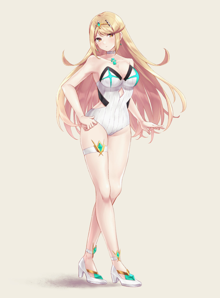 bangs blonde_hair breasts chest_jewel gem headpiece highres large_breasts long_hair mythra_(radiant_beach)_(xenoblade) mythra_(xenoblade) one-piece_swimsuit ribbed_swimsuit shinae strapless strapless_swimsuit striped striped_swimsuit swept_bangs swimsuit tiara two-tone_swimsuit vertical-striped_swimsuit vertical_stripes very_long_hair white_swimsuit xenoblade_chronicles_(series) xenoblade_chronicles_2 yellow_eyes