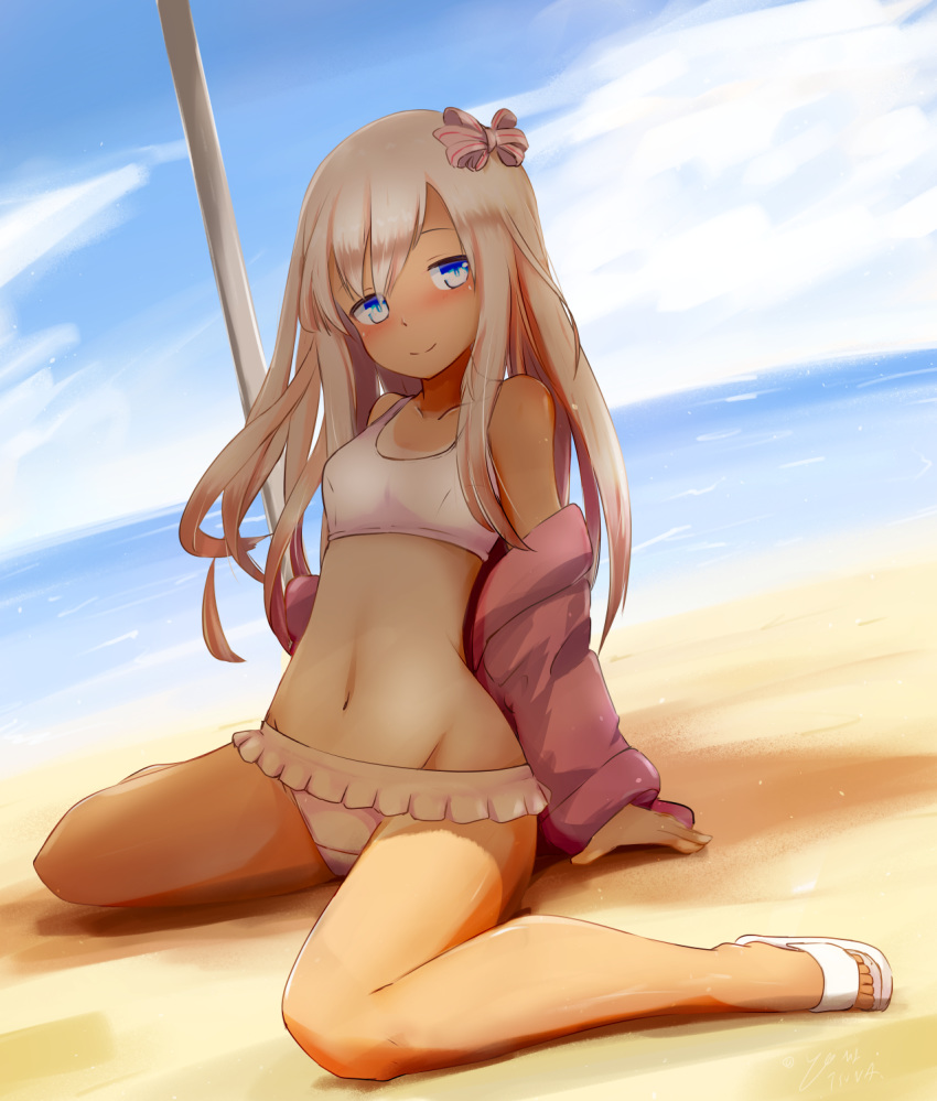 1girl bikini blonde_hair blue_eyes blue_sky clouds collarbone commentary_request day frilled_bikini frills groin highres jacket kantai_collection long_hair looking_at_viewer one-piece_tan outdoors pink_jacket ro-500_(kantai_collection) sandals sitting sky solo swimsuit tan tanline wariza white_bikini yomitsuna