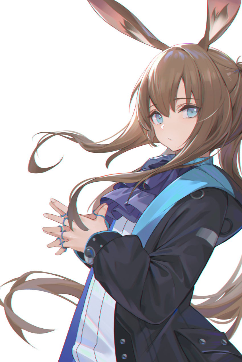 1girl :/ amiya_(arknights) animal_ears arknights ascot bangs black_coat blue_eyes blue_neckwear blush brown_hair bunny_girl closed_mouth coat commentary_request eyebrows_visible_through_hair from_side highres hood hood_down hooded_coat jewelry long_hair long_sleeves looking_at_viewer looking_to_the_side nekojira open_clothes open_coat own_hands_together ponytail rabbit_ears ring shirt sidelocks simple_background solo upper_body very_long_hair white_background white_shirt