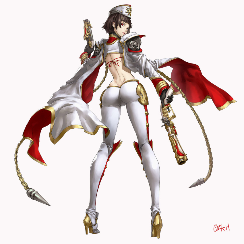 1girl alternate_costume ass back bangs bare_back black_gloves boots braid brown_hair cape commentary_request cosplay crown_braid detached_sleeves dual_wielding full_body gloves granblue_fantasy gun hat high_heel_boots high_heels highres holding holding_weapon ilsa_(granblue_fantasy) ilsa_(granblue_fantasy)_(cosplay) long_sleeves looking_at_viewer looking_back niijima_makoto ozkh6 pants persona persona_5 red_eyes short_hair signature simple_background solo standing torn_clothes uniform weapon white_background