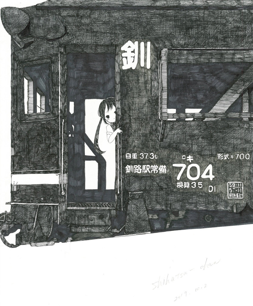 1girl absurdres black_eyes black_hair crosshatching dated densya_t from_outside greyscale ground_vehicle highres long_hair monochrome no_nose original short_sleeves signature solo train