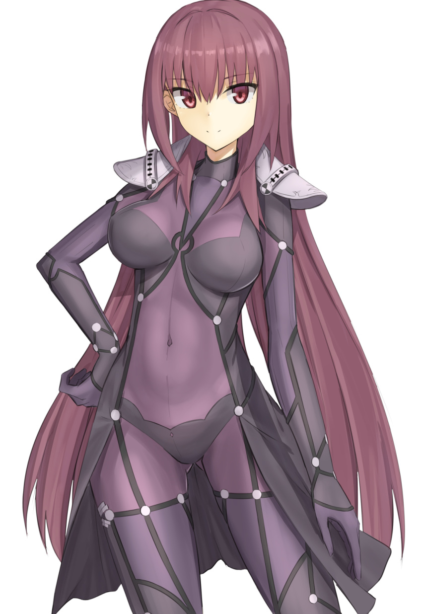 1girl bangs bodysuit breasts closed_mouth covered_navel elfenlied22 fate/grand_order fate_(series) hair_between_eyes highres large_breasts long_hair looking_at_viewer pauldrons purple_bodysuit purple_hair red_eyes scathach_(fate)_(all) scathach_(fate/grand_order) shoulder_armor simple_background smile thighs white_background