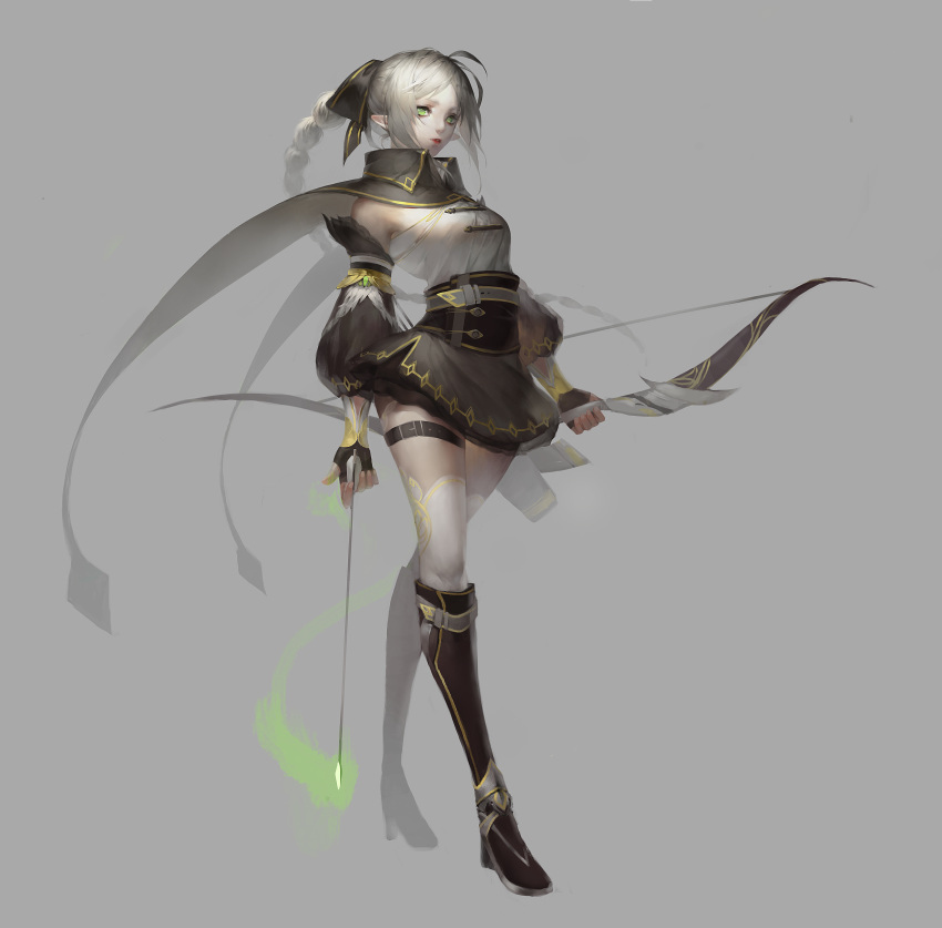 1girl absurdres arrow_(projectile) bare_shoulders bean_sprouts_(6651003) boots bow_(weapon) detached_sleeves elf fingernails green_eyes grey_background grey_hair highres holding holding_arrow holding_bow_(weapon) holding_weapon long_hair original parted_lips pointy_ears red_lips simple_background solo thigh_strap weapon