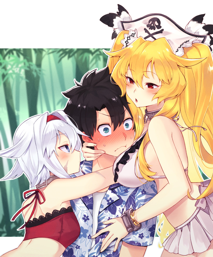 1boy 2girls anne_bonny_(fate/grand_order) anne_bonny_(swimsuit_archer)_(fate) back bangs bikini black_hair blonde_hair blue_eyes blue_shirt blush breasts closed_mouth collar constricted_pupils facial_scar fate/grand_order fate_(series) fujimaru_ritsuka_(male) hairband hat highres itsumi_mita large_breasts long_hair mary_read_(fate/grand_order) mary_read_(swimsuit_archer)_(fate) metal_collar miniskirt multiple_girls open_mouth photoshop_(medium) pirate_hat red_bikini red_eyes scar shirt short_hair short_sleeves skirt skull_and_crossbones small_breasts spiky_hair swimsuit two_side_up white_bikini white_hair white_headwear white_skirt