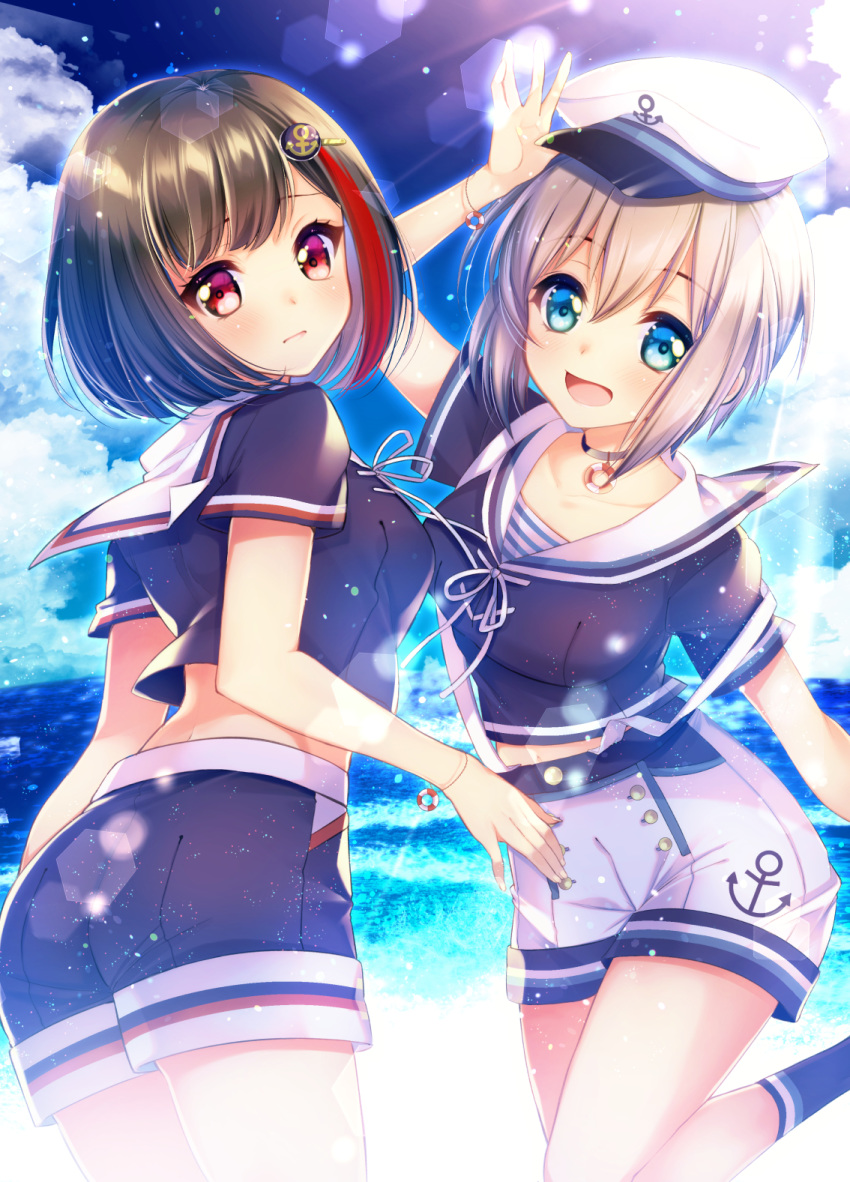 2girls :d anchor_hair_ornament anchor_print aoba_moca bang_dream! bangs beach black_hair blue_eyes blue_legwear blush bob_cut bracelet choker commentary_request day grey_hair hair_ornament hairpin hat highres jewelry looking_at_viewer looking_back mitake_ran multicolored_hair multiple_girls navy_blue_shirt navy_blue_shorts open_mouth outdoors redhead sailor_collar short_sleeves shorts smile socks standing standing_on_one_leg streaked_hair tsurugi_hikaru violet_eyes white_shorts