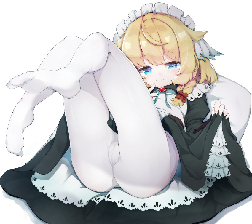 1girl ahoge ass blonde_hair blue_eyes braid commentary dress dress_lift eyebrows_visible_through_hair highres lifted_by_self looking_at_viewer lying maid maid_headdress no_shoes on_back original pantyhose smile solo teranekosu white_legwear