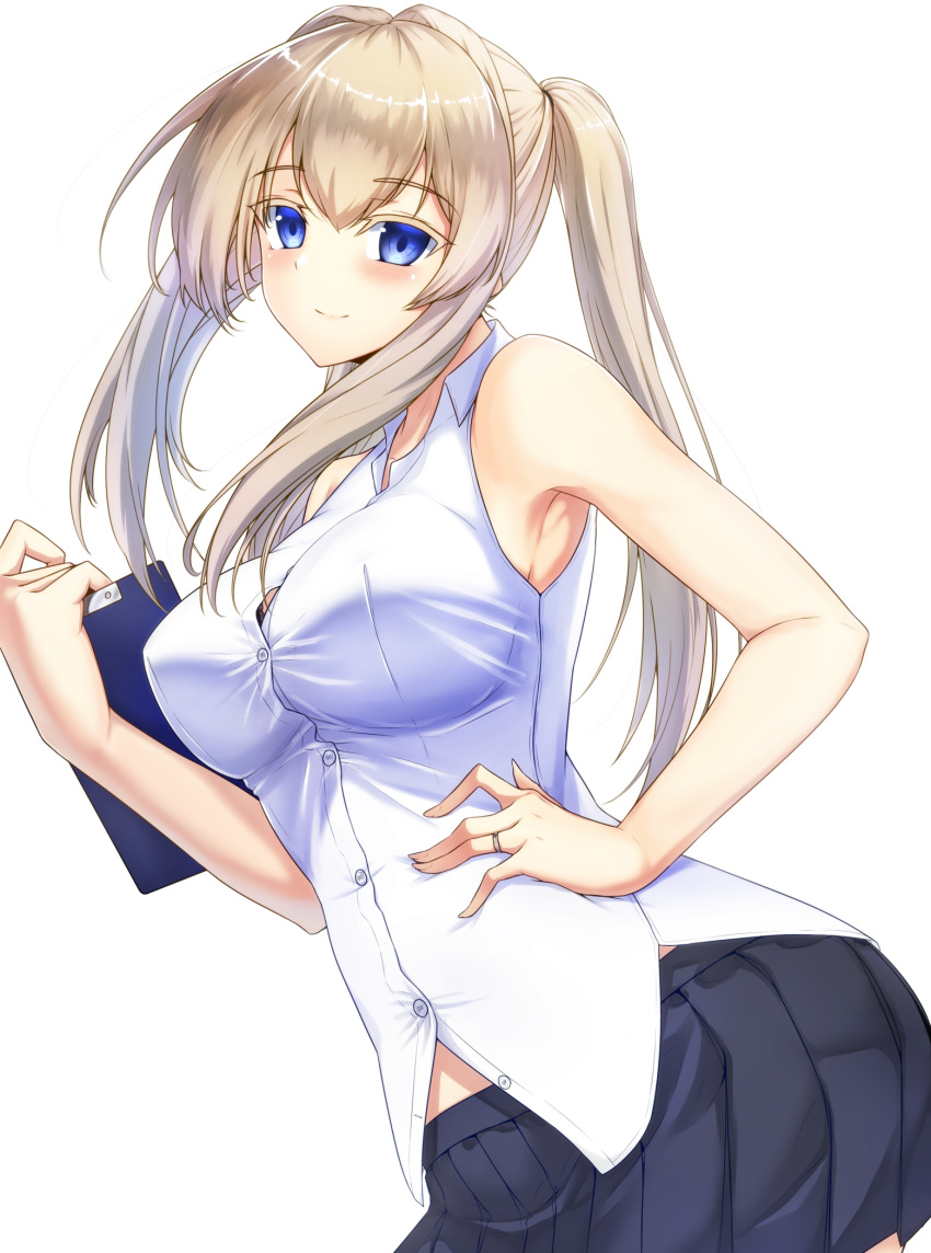 1girl alternate_costume bare_arms blonde_hair blouse blue_eyes blush breasts carmine_(ucdio) clip_studio_paint_(medium) graf_zeppelin_(kantai_collection) graphite_(medium) grey_skirt hair_intakes highres kantai_collection large_breasts long_hair looking_at_viewer sidelocks simple_background skirt sleeveless smile solo traditional_media white_background white_blouse