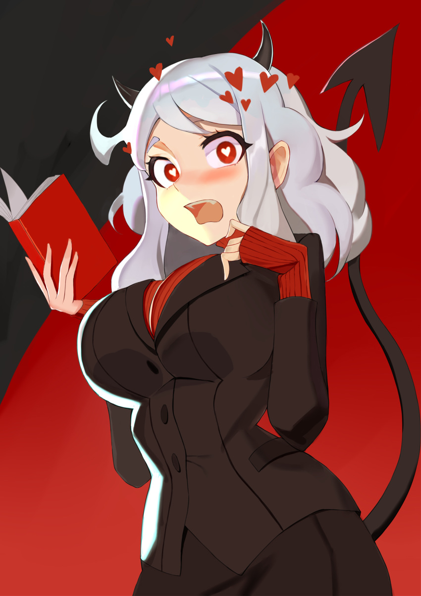 1girl bangs black_horns black_suit black_tail blush book breasts demon_girl demon_horns demon_tail formal heart heart-shaped_pupils helltaker highres holding holding_book horns kamikakushi_no_ocarino large_breasts looking_at_viewer modeus_(helltaker) open_mouth red_sweater ribbed_sweater short_hair simple_background skirt_suit sleeves_past_wrists solo suit sweater symbol-shaped_pupils tail tail_raised