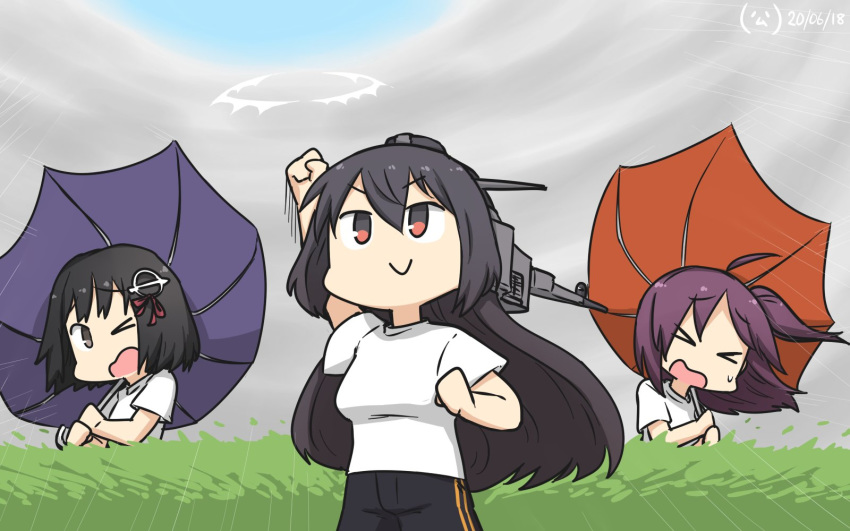 3girls ahoge alternate_costume black_hair brown_hair closed_eyes clouds cloudy_sky commentary_request dated hagikaze_(kantai_collection) haguro_(kantai_collection) hair_between_eyes hamu_koutarou head_tilt headgear highres hokuto_no_ken holding holding_umbrella kantai_collection long_hair looking_at_another looking_up multiple_girls nagato_(kantai_collection) one_eye_closed one_side_up open_mouth outdoors pants parody purple_hair rain sky smile track_pants umbrella upper_body wind