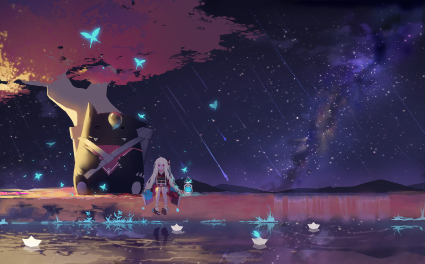 1girl absurdres afloat ahoge animal bean_sprouts_(6651003) bell blonde_hair blue_butterfly blush bubble bug butterfly claws fangs floral_print galaxy glowing glowing_butterfly highres insect lantern long_hair monster night night_sky original outdoors paper paper_boat pink_eyes pointy_ears reflection scenery shooting_star sitting sky sleeping sleeves_past_fingers sleeves_past_wrists star_(sky) starry_sky tree water