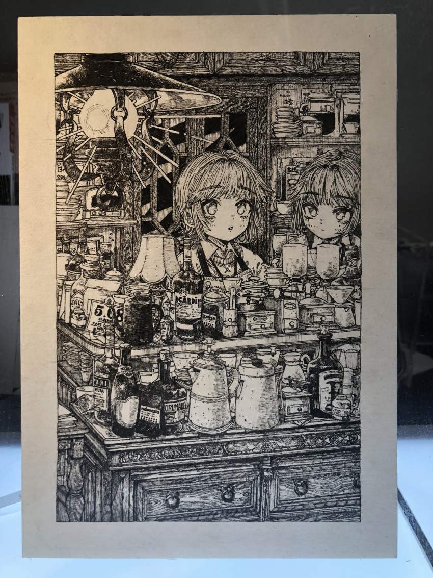 2girls apron bangs border bottle collared_shirt drawer eyebrows_visible_through_hair highres indoors kitamurashu lamp looking_at_viewer multiple_girls original parted_lips photo shirt sweat traditional_media white_border