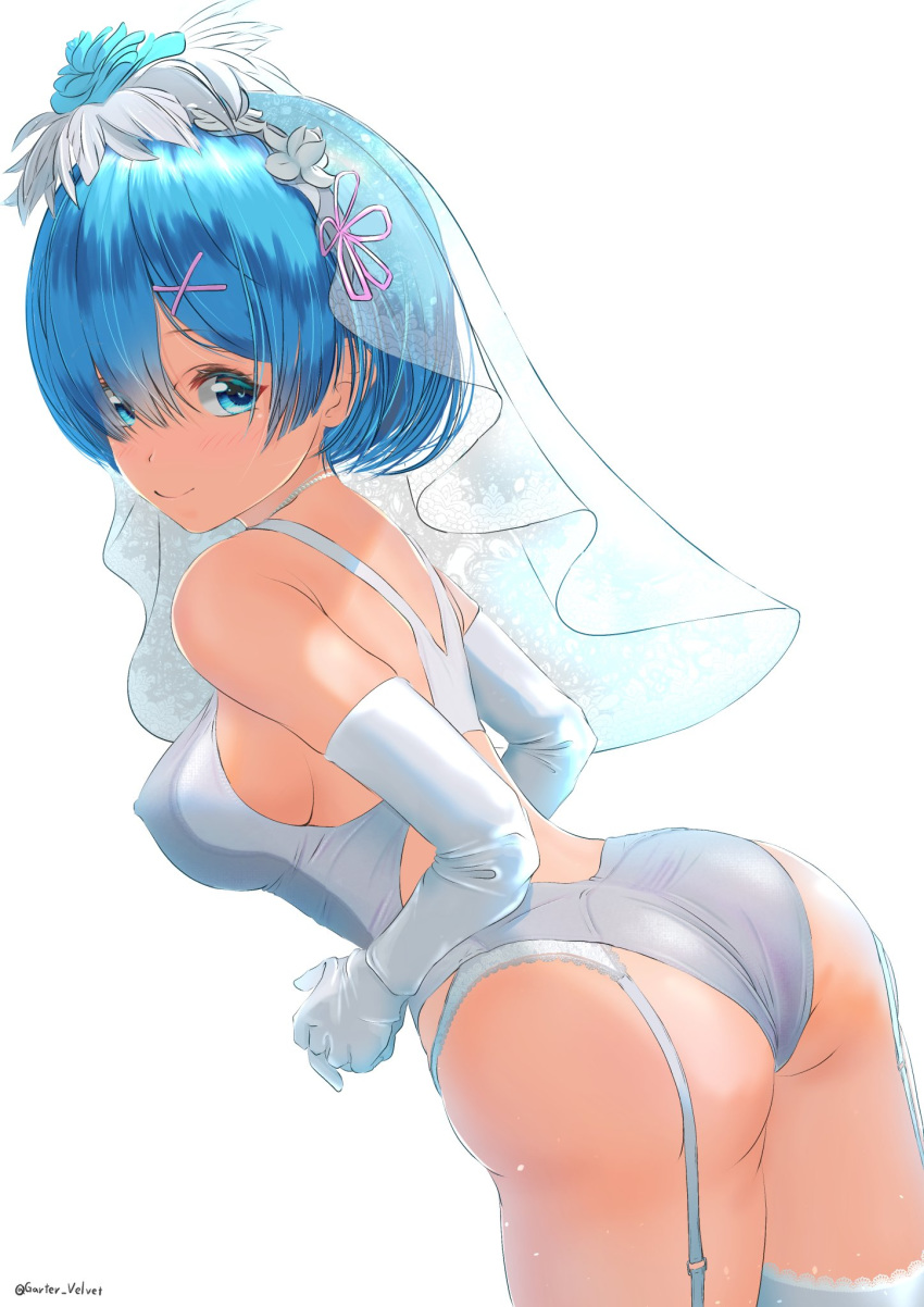 1girl ass blue_eyes blue_hair bridal_veil commentary_request competition_swimsuit cowboy_shot elbow_gloves garter-velvet garter_belt garter_straps gloves hair_ornament hair_over_one_eye hair_ribbon highres maid_headdress one-piece_swimsuit pink_ribbon re:zero_kara_hajimeru_isekai_seikatsu rem_(re:zero) ribbon short_hair simple_background solo swimsuit thigh-highs veil white_background white_gloves white_legwear white_swimsuit x_hair_ornament