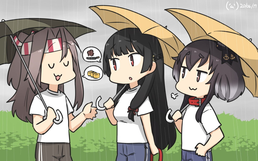 3girls =3 alternate_costume anchor_symbol black_hair blue_pants brown_eyes bush closed_eyes clouds collar commentary_request cowboy_shot dated dog_collar eyebrows_visible_through_hair gradient_hair grey_hair grey_pants grey_sky hachimaki hair_ribbon hamu_koutarou hat headband headgear high_ponytail highres isokaze_(kantai_collection) kantai_collection long_hair mini_hat multicolored_hair multiple_girls outdoors pants rain red_eyes ribbon shirt short_hair short_hair_with_long_locks sidelocks speech_bubble thick_eyebrows tokitsukaze_(kantai_collection) track_pants tress_ribbon umbrella white_shirt yellow_umbrella zuihou_(kantai_collection)