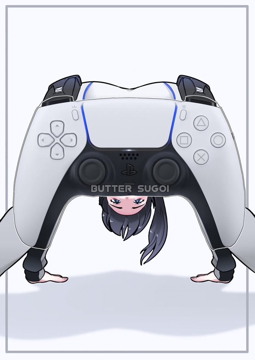 1girl all_fours artist_name ass black_hair blue_eyes border butter_sugoi censored english_commentary eyebrows game_console hands_on_floor highres long_sleeves looking_at_viewer novelty_censor original playstation playstation_5 playstation_controller pouch side_ponytail simple_background solo white_background