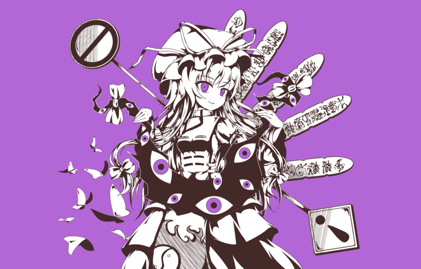 1girl bug butterfly clip_studio_paint_(medium) cowboy_shot dress eyes frilled_dress frills gap_(touhou) hat hat_ribbon holding insect long_hair long_sleeves mob_cap monochrome purple_theme ribbon rod_of_remorse shen_li sign solo stop_sign tabard touhou violet_eyes white_dress wide_sleeves yakumo_yukari