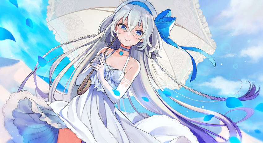 1girl artist_request bare_shoulders blue_eyes blue_oath braid breasts choker clouds collarbone cowboy_shot day dress elbow_gloves gloves hair_ribbon highres holding jervis_(blue_oath) long_dress long_hair looking_at_viewer outdoors petals ribbon silver_hair sky sleeveless sleeveless_dress small_breasts smile solo spaghetti_strap standing twin_braids umbrella very_long_hair white_choker white_dress white_gloves