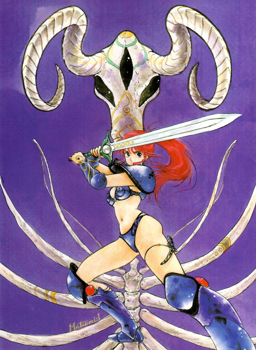 1980s_(style) 1girl armor armored_boots asagiri_youko bikini_armor bone boots fighting_stance genmu_senki_leda high_ponytail highres holding holding_sword holding_weapon horns inomata_mutsumi knee_boots looking_at_viewer monster navel oldschool pauldrons redhead shoulder_armor side_ponytail signature solo sword two-handed weapon