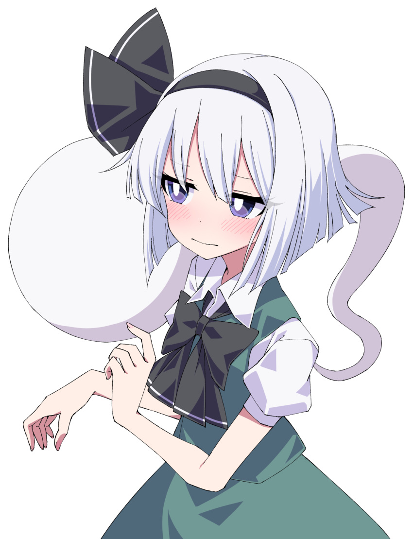 1girl black_hairband black_ribbon blush bob_cut bow bowtie clip_studio_paint_(medium) commentary_request green_skirt green_vest hair_ribbon hairband highres hitodama konpaku_youmu konpaku_youmu_(ghost) looking_away puffy_short_sleeves puffy_sleeves ribbon shirt short_hair short_sleeves silver_hair skirt touhou tsukimirin vest violet_eyes white_background white_shirt