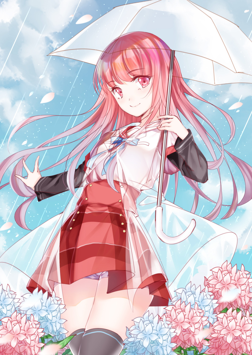 1girl 2775290911 absurdres blue_ribbon clouds cloudy_sky dress eyebrows_visible_through_hair flower highres holding holding_umbrella hydrangea long_hair looking_at_viewer mahou_shoujo_madoka_magica pastel_colors petals pink_eyes pink_hair rain raincoat red_skirt ribbon see-through shirt skirt sky smile solo striped striped_dress tamaki_iroha thigh-highs transparent transparent_umbrella umbrella underwear uniform white_shirt