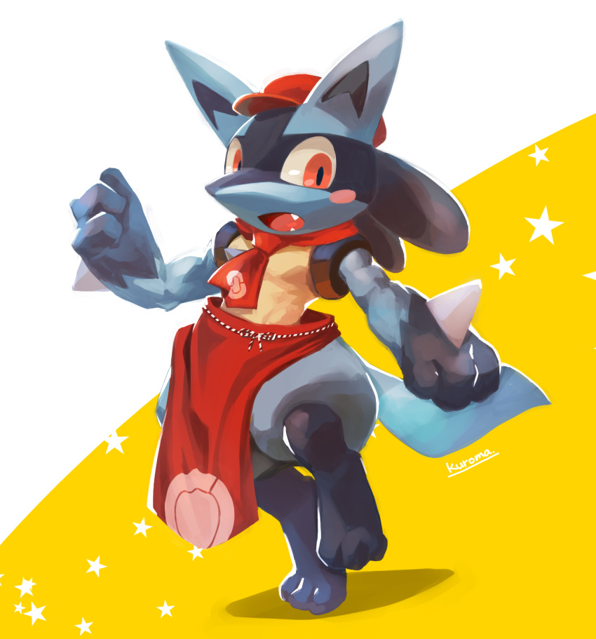 1boy animal_ears apron artist_name blush blush_stickers cabbie_hat clenched_hand clothed_pokemon commentary_request fangs full_body furry gen_4_pokemon hand_up hat highres kuroma_(kuroma0227) leg_up looking_to_the_side lucario male_focus muscle neckerchief no_humans open_mouth paws poke_ball_symbol poke_ball_theme pokemon pokemon_(creature) pokemon_(game) pokemon_cafe_mix red_eyes red_headwear red_neckwear ribbon sideways_mouth signature simple_background solo spikes standing standing_on_one_leg star_(symbol) starry_background tail two-tone_background white_background wolf_ears wolf_tail yellow_background