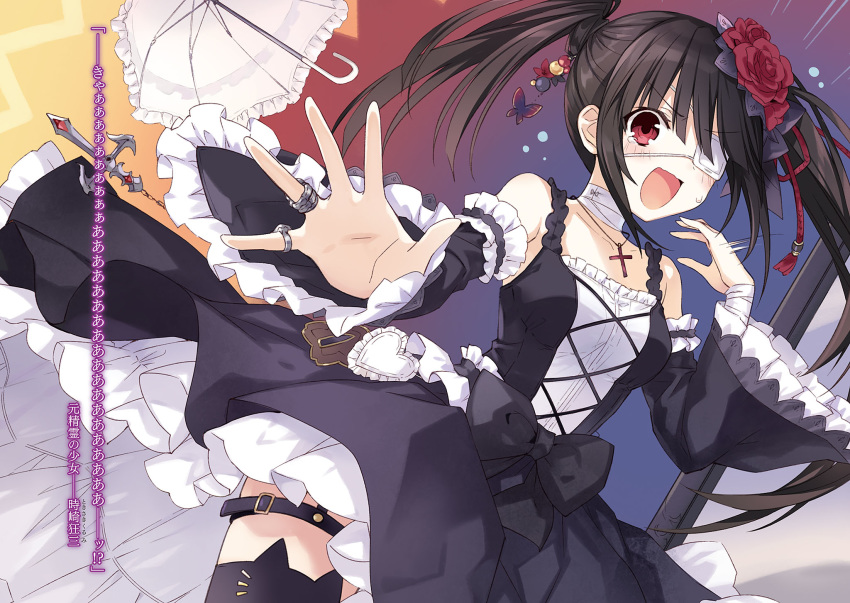1girl bandages black_hair bow cross cross_necklace date_a_live detached_sleeves dress eyebrows_visible_through_hair eyepatch flower hair_flower hair_ornament highres jewelry necklace novel_illustration official_art outstretched_hand red_eyes ring tears tokisaki_kurumi translation_request tsunako twintails umbrella