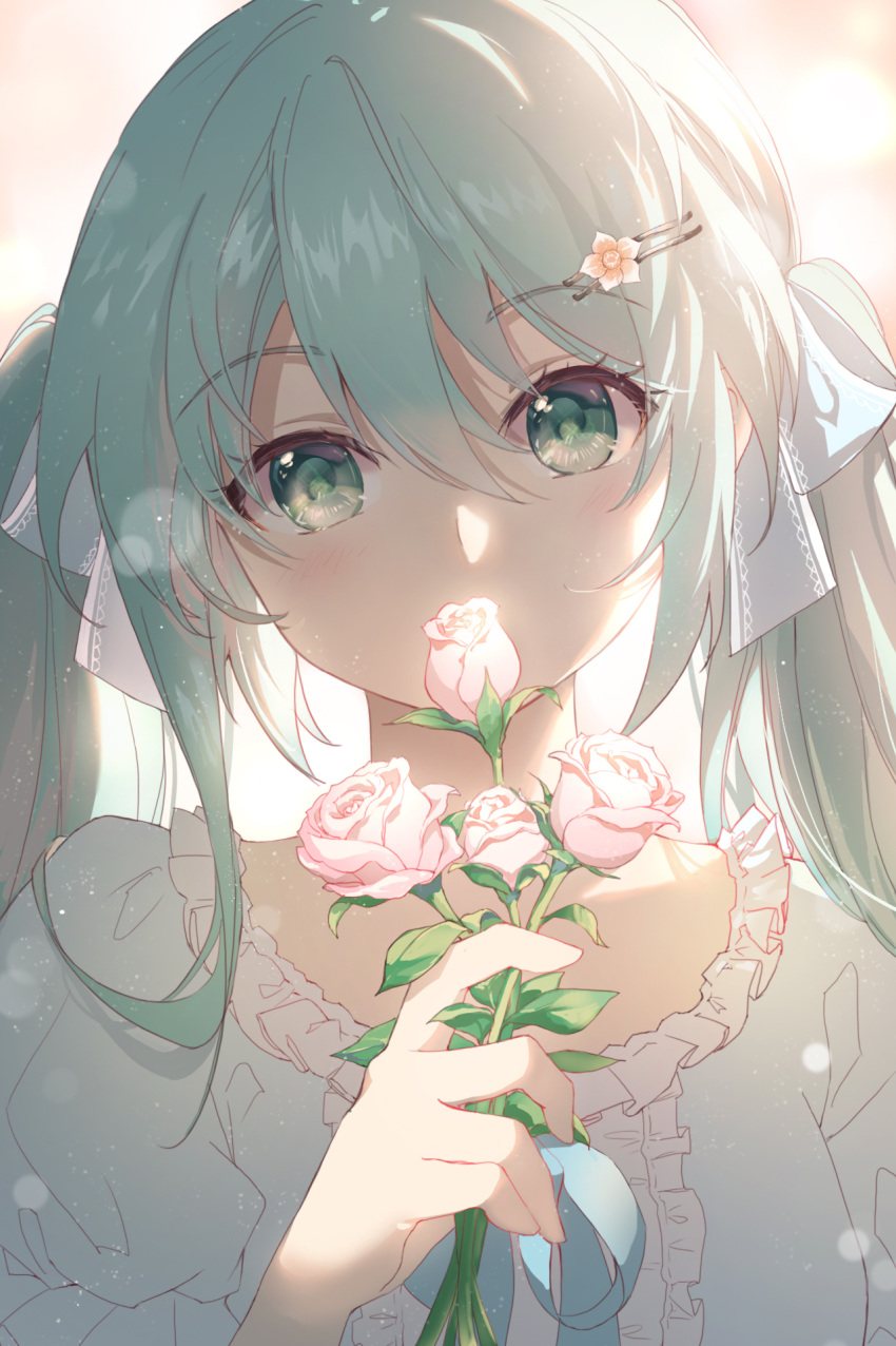 1girl aqua_hair backlighting bangs blue_bow blush bow center_frills commentary_request covering_mouth eyebrows_visible_through_hair flower frills green_eyes hair_bow hair_flower hair_ornament hairclip hatsune_miku head_tilt highres holding holding_flower lens_flare long_hair looking_at_viewer pink_flower pink_rose portrait rose shangguan_feiying solo twintails vocaloid