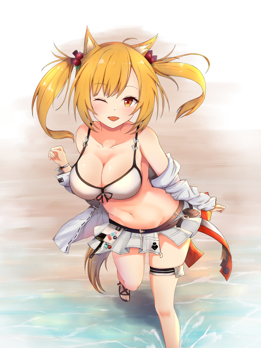 1girl ;d animal_ears arknights bangs bare_legs bare_shoulders bikini bikini_skirt blonde_hair blush breasts brown_eyes commentary_request dae_(dog-of-maou) eyebrows_visible_through_hair feet_out_of_frame groin highres large_breasts long_hair long_sleeves looking_at_viewer microskirt navel off_shoulder one_eye_closed open_mouth partial_commentary skirt smile solo sora_(arknights) standing stomach swimsuit thigh_strap thighs twintails white_bikini white_skirt wolf_ears