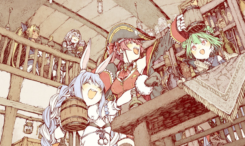 5girls :d abara_heiki animal_ear_fluff animal_ears armor bangs bare_shoulders beer_mug black_bow black_gloves black_hairband blonde_hair blue_hair blush bottle bow braid breasts carrot_hair_ornament ceiling ceiling_light closed_eyes commentary_request cup dark_skin detached_sleeves double_bun food_themed_hair_ornament from_below gloves green_hair hair_bow hair_ornament hairband hand_up hat highres holding holding_bottle holding_cup hololive houshou_marine indoors lantern liquor long_hair looking_at_another looking_down medium_breasts mug multicolored_hair multiple_girls open_mouth pirate_hat pointy_ears ponytail rabbit_ears red_eyes redhead shiranui_flare shirogane_noel sidelocks silver_hair skull_hair_ornament smile table tablecloth tavern twin_braids twintails two-tone_hair uruha_rushia usada_pekora virtual_youtuber white_hair wine_bottle