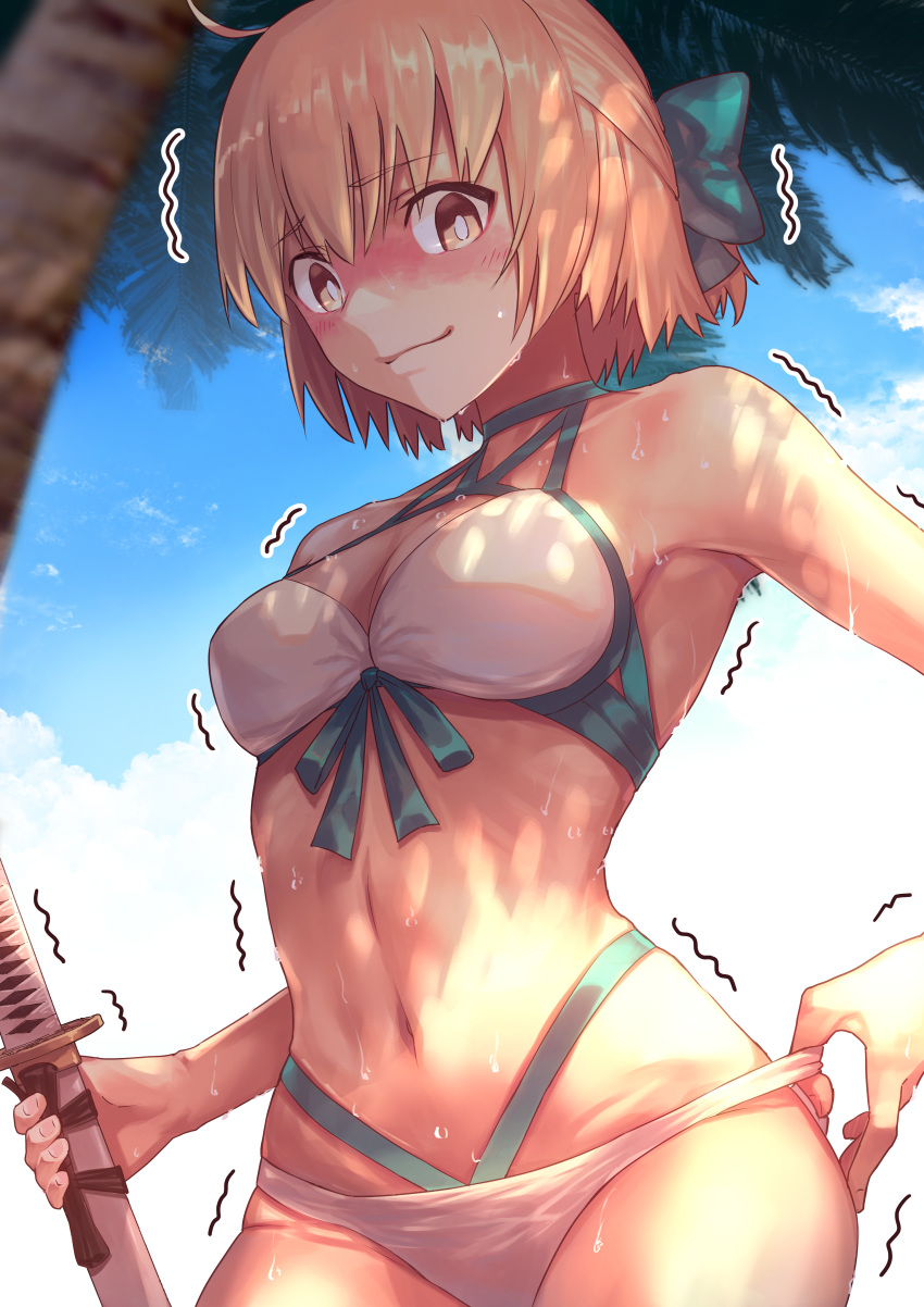1girl absurdres ahoge bangs bikini blonde_hair blue_sky blush bow breasts closed_mouth clouds commentary_request day eyebrows_visible_through_hair fate/grand_order fate_(series) green_bow hair_bow highres holding holding_sword holding_weapon katana looking_at_viewer medium_breasts nakanishi_tatsuya navel okita_souji_(fate)_(all) okita_souji_(swimsuit_assassin)_(fate) outdoors short_hair sky smile solo sweat swimsuit sword trembling weapon white_bikini yellow_eyes