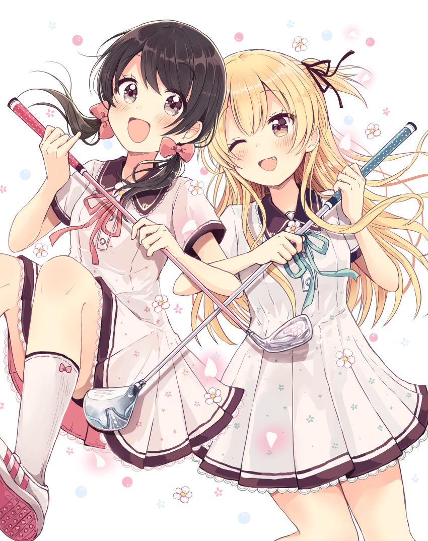 2girls :d ;d absurdres bangs black_hair black_ribbon blonde_hair blue_ribbon blush bow brown_eyes collared_dress dress eyebrows_visible_through_hair fang floral_background flower golf_club grey_background hair_between_eyes hair_bow hair_ribbon highres holding long_hair low_twintails multiple_girls neck_ribbon one_eye_closed one_side_up open_mouth pink_bow pink_ribbon pleated_dress ribbon sakura_oriko shoe_soles shoes short_sleeves signature smile socks swing!! twintails very_long_hair white_dress white_flower white_footwear white_legwear