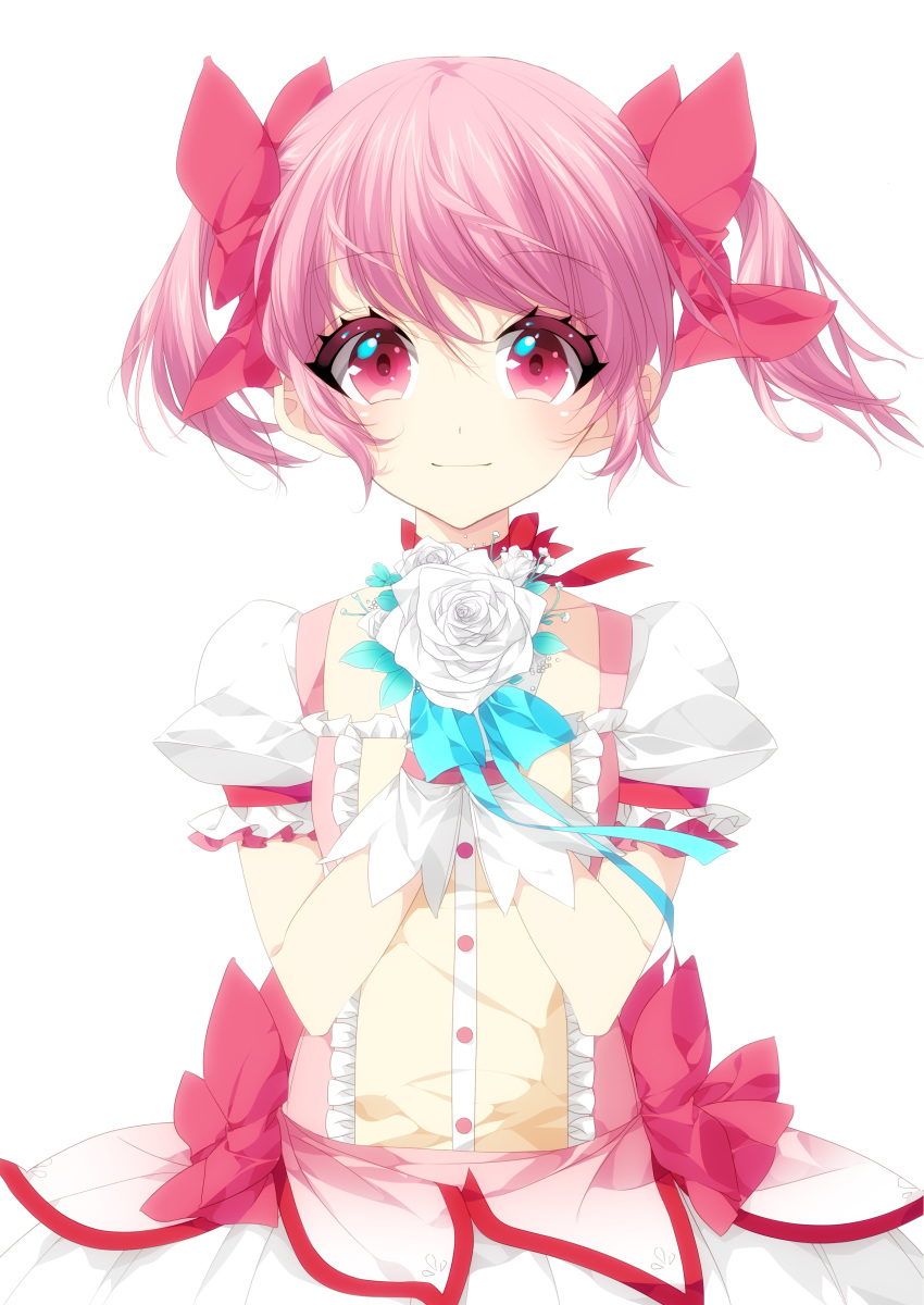 1girl absurdres blue_ribbon blush bouquet bubble_skirt buttons choker closed_mouth colored_eyelashes dot_nose eyebrows_visible_through_hair eyelashes flat_chest floating_hair flower frilled_sleeves frills gloves hair_ribbon hands_together hands_up happy highres holding holding_bouquet kaname_madoka leaf looking_at_viewer mahou_shoujo_madoka_magica misteor own_hands_together pink_eyes pink_hair pink_ribbon pink_theme puffy_short_sleeves puffy_sleeves red_choker red_neckwear ribbon ribbon_choker rose shaded_face shiny shiny_hair shiny_skin short_sleeves short_twintails sidelocks simple_background skirt smile solo sparkling_eyes standing tareme twintails upper_body white_background white_flower white_gloves white_rose white_skirt
