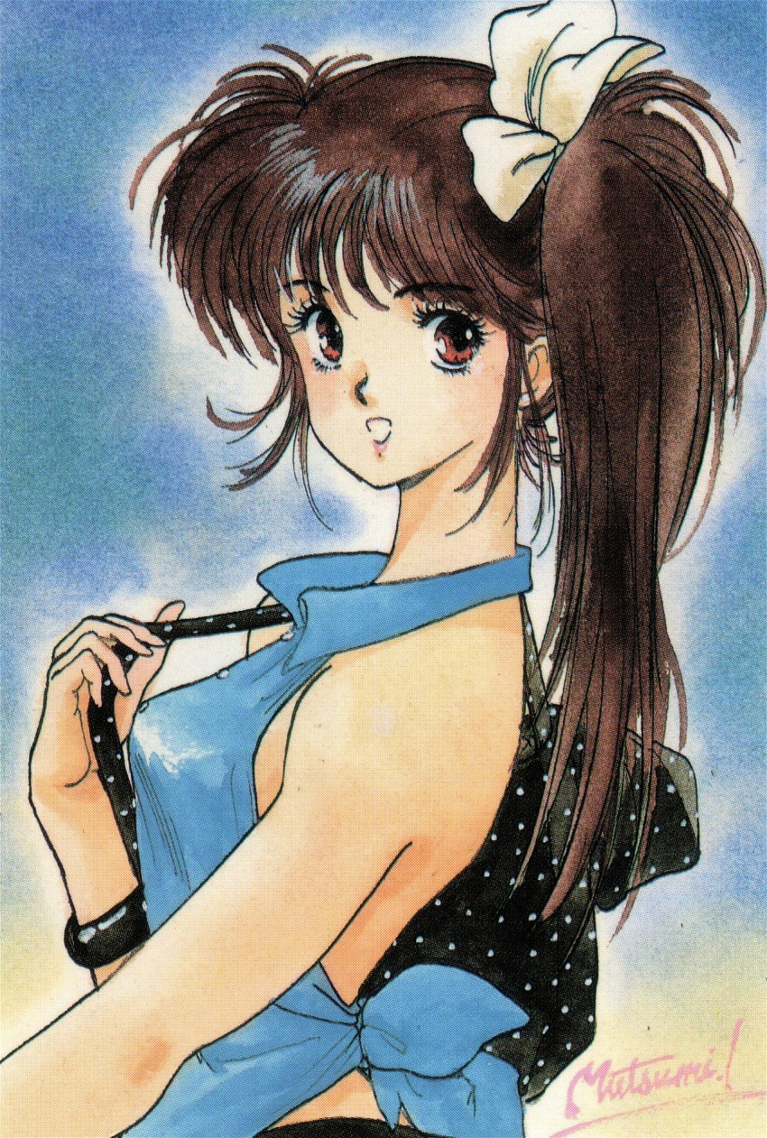 1girl brown_hair highres inomata_mutsumi long_hair original parted_lips red_eyes side_ponytail signature solo traditional_media watercolor_(medium)