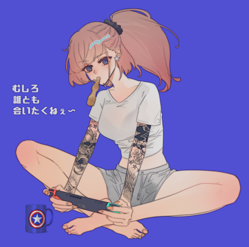 1girl alternate_costume alternate_hairstyle anno88888 arm_tattoo atlanta_(kantai_collection) bangs bare_shoulders blue_background breasts brown_hair crossed_legs cup earrings full_body game_console grey_shorts hair_ornament hair_scrunchie highres jewelry kantai_collection mug nintendo_switch open_mouth playing_games ponytail scrunchie shirt shorts simple_background single_earring sitting solo star_(symbol) star_earrings tattoo translation_request video_game white_shirt