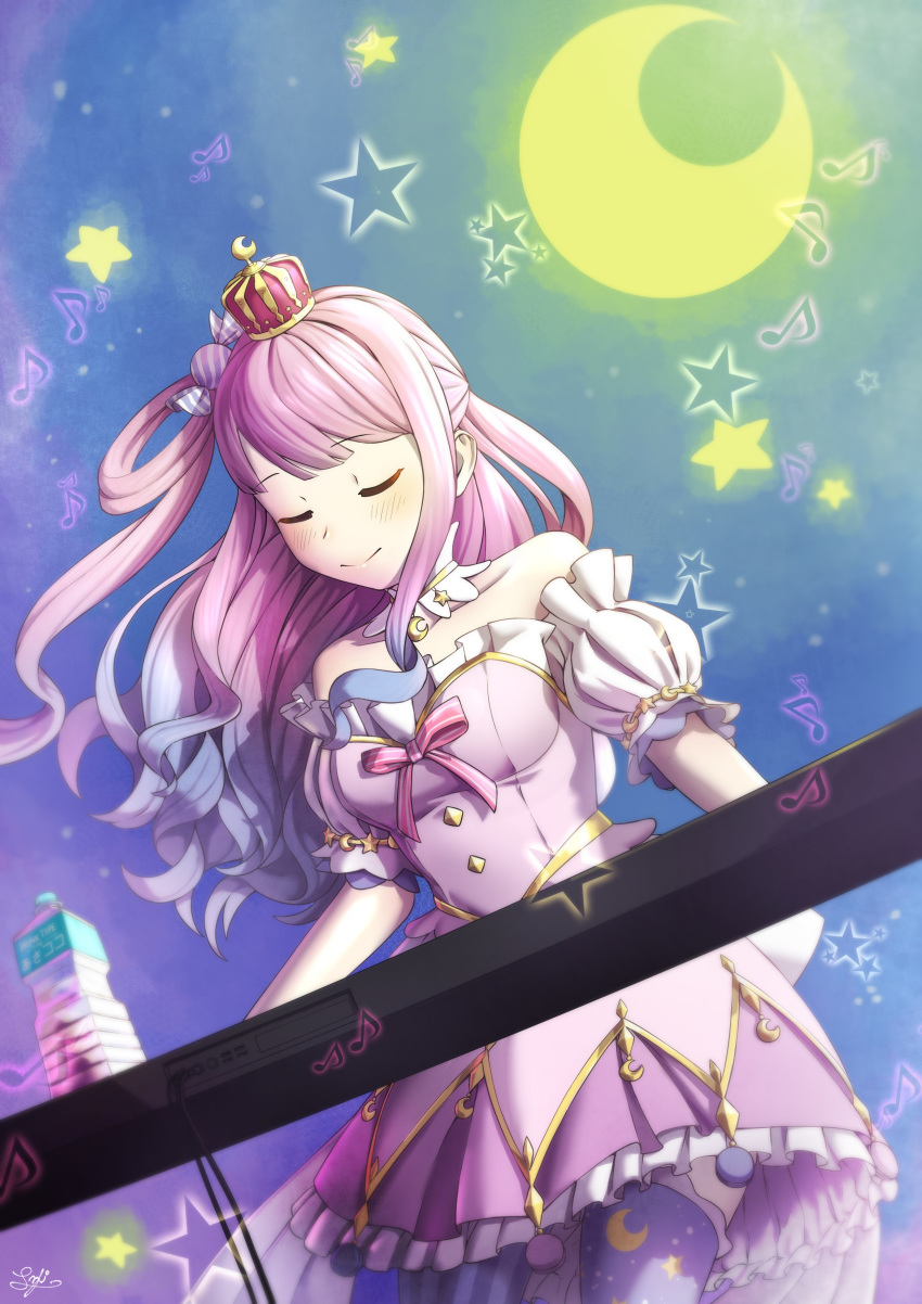 1girl absurdres blush candy_hair_ornament closed_eyes collarbone crown dress english_commentary food_themed_hair_ornament hair_ornament hair_rings highres himemori_luna hololive instrument long_hair moon musical_note night piano pink_hair smile solo virtual_youtuber