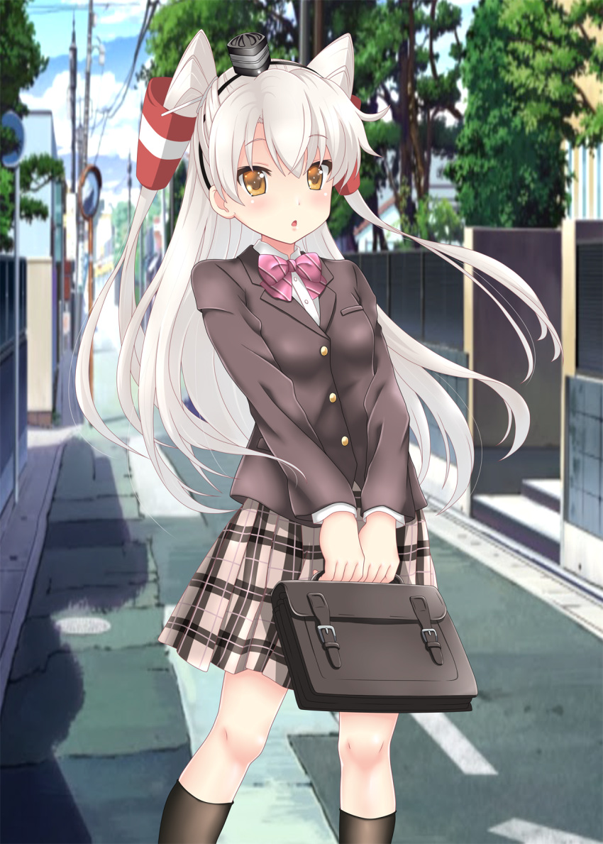 1girl alternate_costume amatsukaze_(kantai_collection) bag blazer blue_sky bow bowtie breasts brown_eyes brown_jacket brown_skirt building cityscape clouds day hair_tubes hat highres jacket kantai_collection long_hair long_sleeves mini_hat nendoroya outdoors pink_neckwear plaid plaid_skirt power_lines road school_bag school_uniform silver_hair skirt sky small_breasts solo street two_side_up windsock
