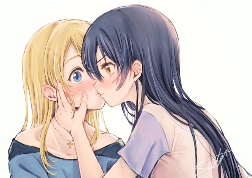 2girls ayase_eli bangs blonde_hair blue_eyes blue_hair blush commentary_request eye_contact face-to-face hand_on_another's_cheek hand_on_another's_face kiss long_hair looking_at_another love_live! love_live!_school_idol_project multiple_girls signature simple_background sonoda_umi suito white_background yellow_eyes yuri