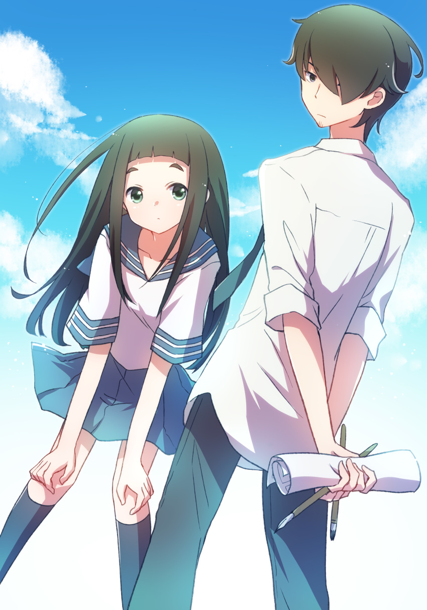 1boy 1girl absurdres bad_proportions black_hair blue_eyes blue_skirt day facial_hair father_and_daughter goto_hime goto_kakushi hair_over_one_eye hands_on_own_knees highres kakushigoto kneehighs leaning_forward looking_back nyaa_(nnekoron) outdoors paintbrush painttool_sai_(medium) pants paper school_uniform shirt simple_background skirt stubble white_background white_shirt