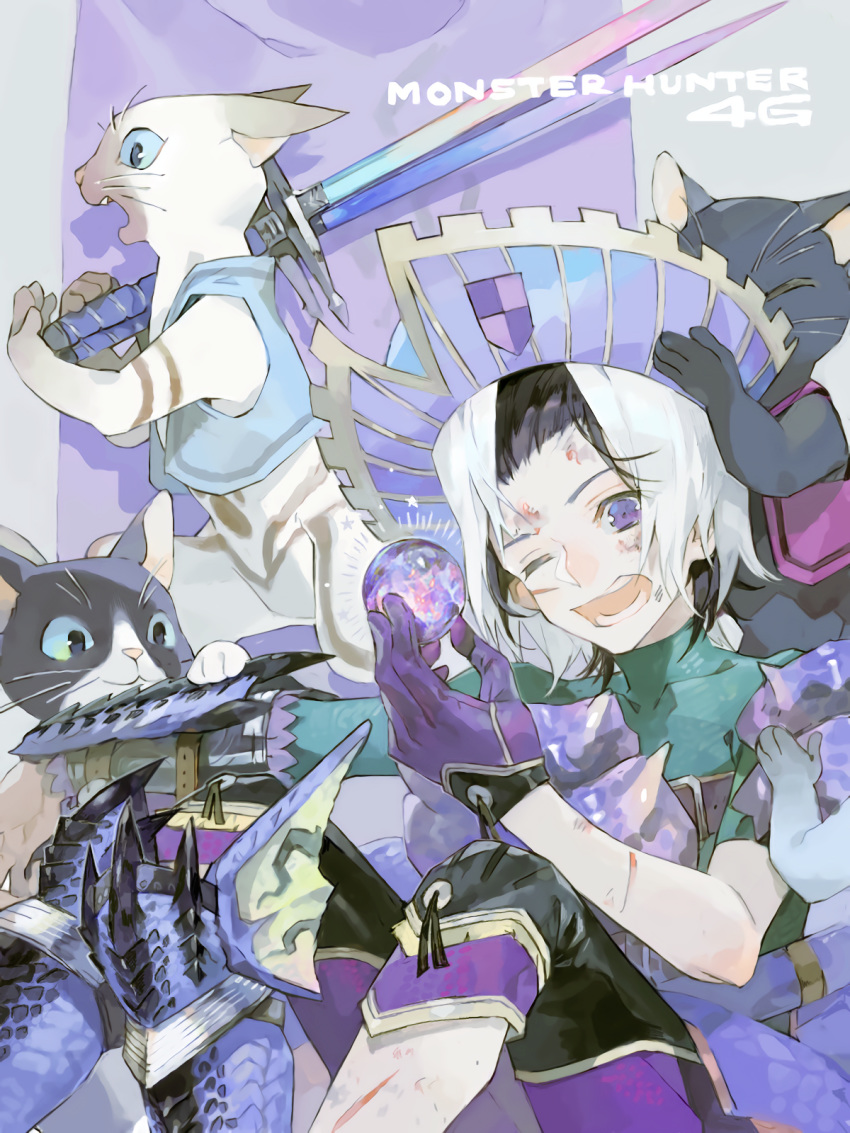 1boy armor black_hair bruise cuts felyne gloves hat highres holding holding_weapon injury melynx monster_hunter monster_hunter_4 monster_hunter_4_g multicolored_hair nishihara_isao one_eye_closed open_mouth scar scrape scratches short_hair skin_tight teeth turtleneck two-tone_hair undressing violet_eyes weapon white_hair